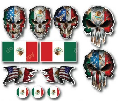 DECALS BY HALEY 12 pk Mexican skull Mexico American Flag Sticker Decal Latino USA Country Pride