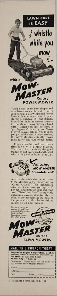 Anuncio impreso Mow-Master 1953 cortacéspedes rotativos motor de propulsión Kansas City, KS Foto 1 de 1
