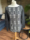 Next Women's  Lace Front, Sheer Back Long Sleeve Round Neck Top In Black Sz 12