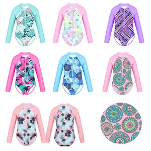 Kids Girls One-piece Long Sleeves Swimsuit Palm Printed Zippered Bathing Suit  - Picture 1 of 28