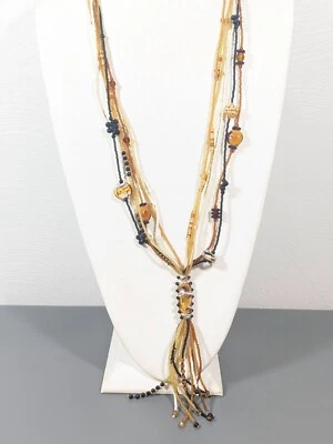 Beachy Coastal Tribal Amber Brown Black Glass Beaded Tassel necklace 32 in - Image 1 of 4