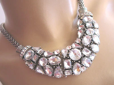 Strass Collier Halskette Modekette Bettelkette kurz Silber Statement R892 - Bild 1 von 4