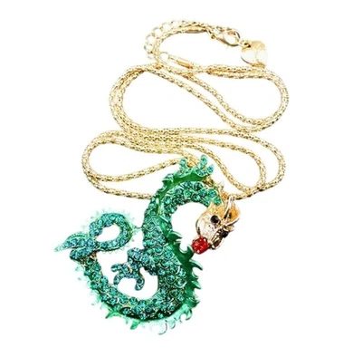 Collar Betsey Johnson Esmalte Verde Dragón Colgante Tono Dorado  Foto 1 de 2
