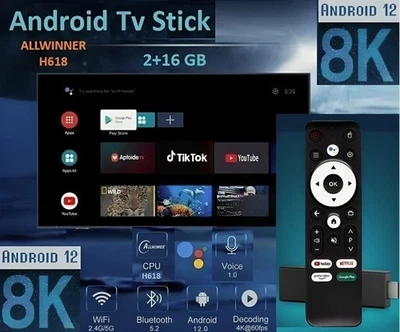 2025 Android 12 Tv Stick Box 8K Wifi6 BT-Sprachfernbedienung YouTube + Apps - Bild 1 von 4