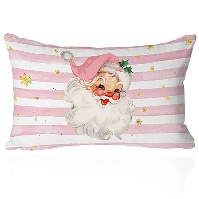 Funda de almohada lumbar rosa Navidad con rayas de Papá Noel - 12x20 pulgadas rosa  Foto 1 de 4