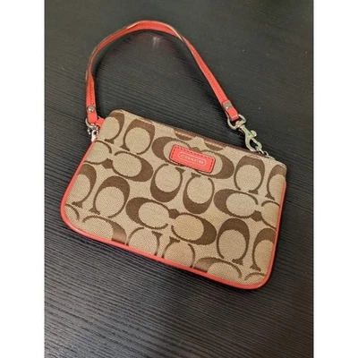 Bolso de Mano Coach Muñequera Firma Jacquard Lona Marrón Coral Pequeño Foto 1 de 3