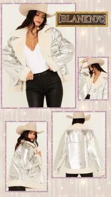 ¡NUEVO CON ETIQUETAS! 🪩BLANKNYC Shinning Star Chaqueta Moto Metálica Pequeña Imitación Cuero/Sherpa Foto 1 de 4