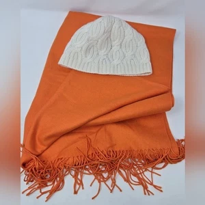LUXUS KASCHMIR WINTER PAKET ORANGE SCHAL HALSTUCH CREME NORDSTROM BEANIE MÜTZE DAMEN - Bild 1 von 14