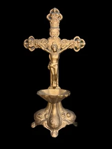 Antique VTG Ornate Brass Cross Crucifix Church INRI Holy Water Holder Jesus 10” - Picture 1 of 8