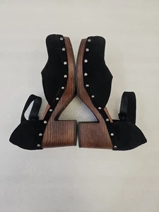 Zueco Korks Evah Grueso Madera Bloque Tacón Negro Gamuza Cuero Tachonado Talla 7.5 - Imagen 1 de 11