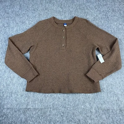 Camiseta de felpa para mujer Old Navy tejido gofre Henley Top manga larga marrón talla mediana Foto 1 de 4