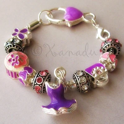 Pulsera con dije europeo rosa y púrpura con diamantes de imitación, corazones, dijes para cupcakes Foto 1 de 4