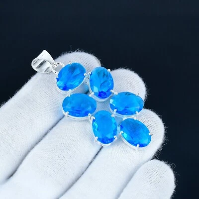 Topazio Blu Lab-Made Gemma a Mano 925 Argento Sterling Etnico Ciondolo Regali - Immagine 1 di 4