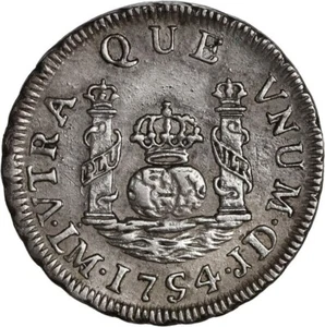 PERU Lima Silver Pillar 1 Real Ferdinand VI 1754 JD Dot over Mintmark Variety - Picture 1 of 3