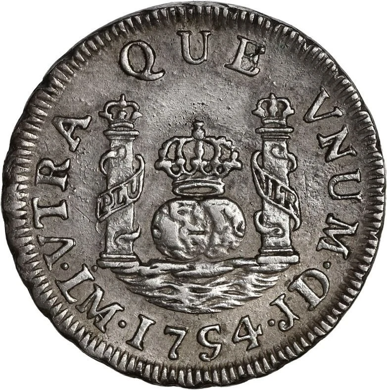 PERU Lima Silver Pillar 1 Real Ferdinand VI 1754 JD Dot over Mintmark Variety - Image 1 of 3