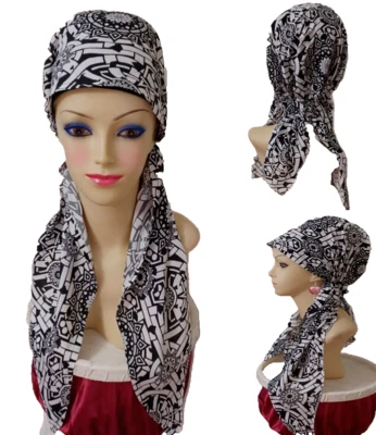 Bufanda sin cordones preatada cabeza convertible tichel estampado blanco y negro cola larga Foto 1 de 4