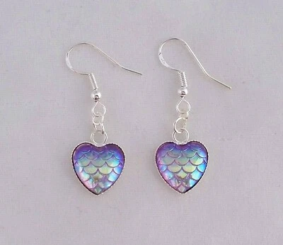  Purple Dragon Scale Heart Cabochon 925 Silver Hook Earrings.Handmade   Foto 1 de 4
