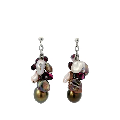 Pendientes colgantes HONORA Sterling .925 5-8 mm granate rojo mop perlas genuinas racimo Foto 1 de 4