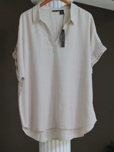 TAHARI Beige & White Linen Blend SHORT SLEEVE Hi-Low Hem Tunic Top Size 2X NWT - Picture 1 of 3