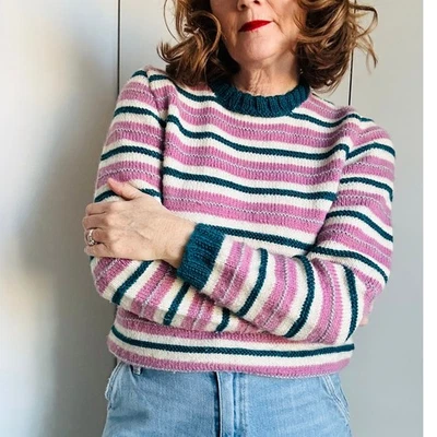 Suéter vintage tejido a mano para mujer talla XS lana a rayas púrpura verde acogedor Foto 1 de 4