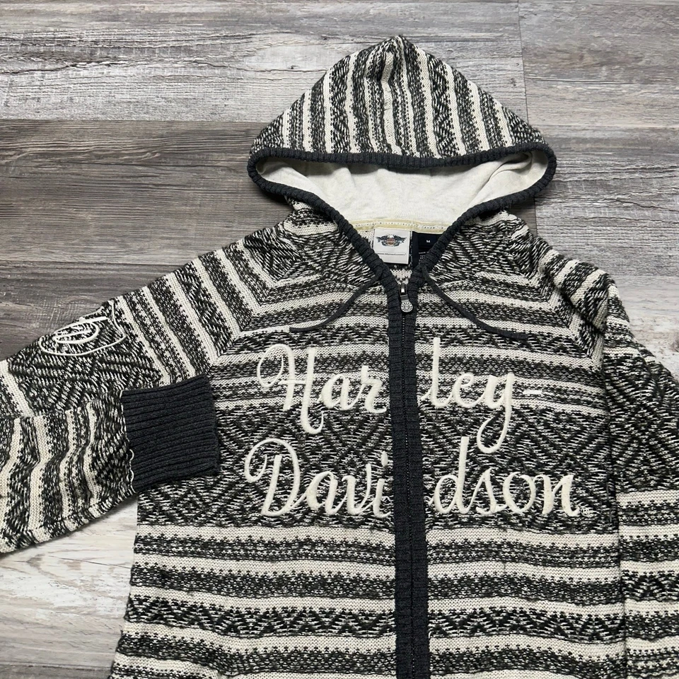 Harley Davidson Gray Geometric Womens M Zip Up Reverse Fair Isle Sweater Hoodie - Image 1 of 4