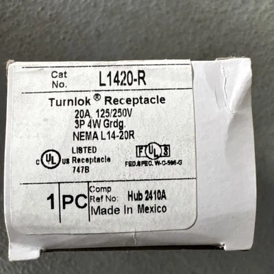 Cubierta de receptáculo de pared hembra L14-20R Outlet 4 polos L1420R 20 amp 125V 250V 2410 Foto 1 de 4