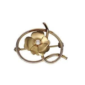 Floral Pearl Brooch Goldtone Vintage 12K GF Wire Wrap W.E. Richards WRE - Picture 1 of 4