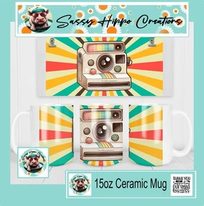 Taza de café de cerámica cámara Polaroid vintage retro impresa Sunburst 15 oz sublimada - Imagen 1 de 4