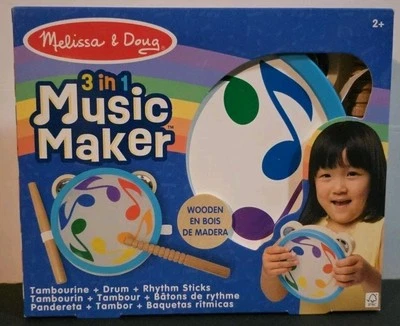Melissa & Doug 3 en 1 Madera Fabricante de Música Tambor Pandereta Palos Spin Master NUEVO Foto 1 de 4
