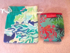 Lot Lilly Pulitzer Tropical Floral Drink Hugger Can Koozie & Drawstring Bag - Picture 1 of 7