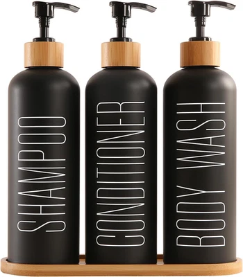 Shampoo and Conditioner Dispenser with Bamboo Pumps & Tray, Perfect for Bathroom - Image 1 of 4