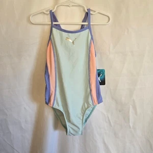 Puma Girls Pastel Nitro Blue Colorblock Crossback One Piece Swimsuit 5 New - Picture 1 of 5