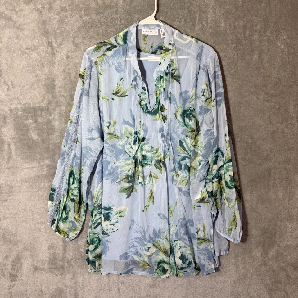 Túnica Susan Graver 1X Azul Verde Floral Transparente Manga Larga Foto 1 de 4