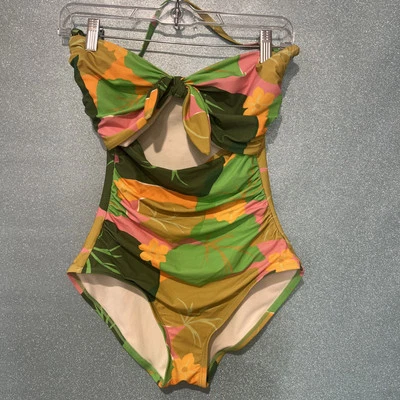 KATE SPADE Green & Multicolor Floral One Piece Tie Bandeau Swimsuit Sz S - Image 1 of 3