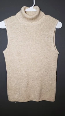 Vintage Pria Sleeveless Turtleneck Sweater Women’s M Beige Gold Metallic Knit - Image 1 of 4