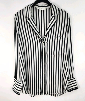 ОПРАВА блузка женщин XS в полоску 100% шелк кнопка спереди длинным рукавом черный белый  - Изображение 1 из 4