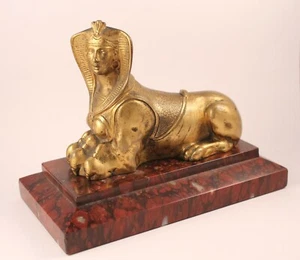 Antique French Gilt Bronze Sphinx on Rouge Griotte Marble Base - Picture 1 of 10