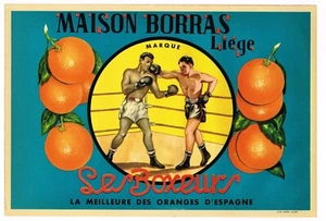 ORIGINAL VINTAGE 1950S ORANGE CRATE LABEL SPANISH SPAIN BOXING BOXERS BELGIUM  - Picture 1 of 1