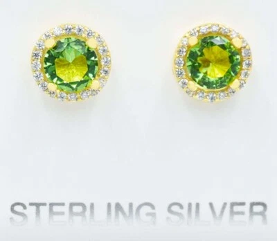 GENUINE 2.26 Cts PERIDOT & WHITE SAPPHIRES STUD EARRINGS .925 Silver - NWT - Image 1 of 3