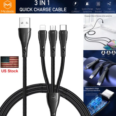 Mcdodo 3in1 Braided Type-C Micro USB Cable Charger for iPhone 12 11 Samsung S21 - Image 1 of 4