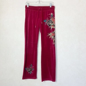 Pantalones de salón vintage de terciopelo con gráficos Don Ed Hardy Y2K años 90 borgoña talla M - Imagen 1 de 9