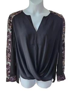 Mossimo Blouse XL Black Blue Brown Crossover Bubble Hem Front Long Sleeve V Neck - Picture 1 of 10