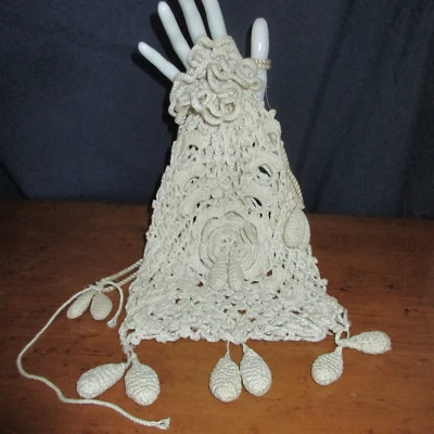 Antique 1900's Edwardian Era White Crocheted Drawstring Reticule Bag w/Tassels - Image 1 of 4