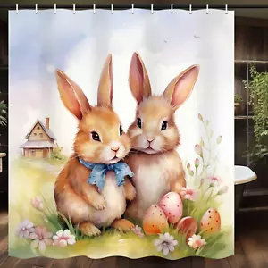 MERCHR Easter Shower Curtain Cute Bunny Rabbit Spring Decorations Farmhouse Flow - Picture 1 of 12
