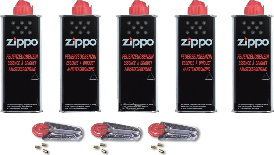 5 ZIPPO BENZIN + 3 x 6Stück Zippo Feuersteine - Spender ALLES ORIGINAL