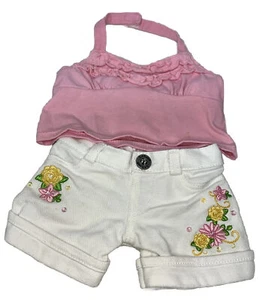 Build-A-Bear Pink Halter Top Shirt White Embroidered Flower Denim Shorts Pants - Picture 1 of 6