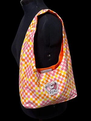 Handmade Yellow Pink Orange White Checkered Retro Hand-Beaded Shoulder Bag - Image 1 of 4