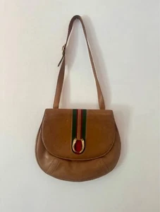 Vintage Gucci 47 1970 Brown Leather Saddle Bag - Stripe, Gold Horseshoe & Crest - Picture 1 of 15