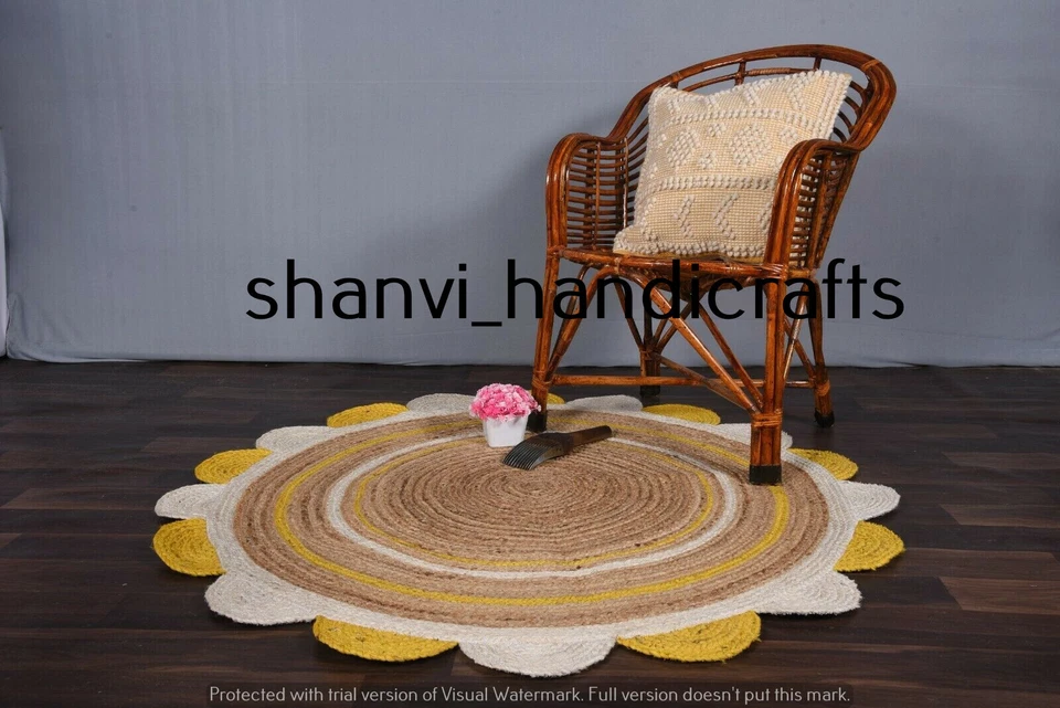 Indian Multi Color Jute Handmade Braided Rug Bohemian Jute Rug Round Floor Rugs - Image 1 of 4