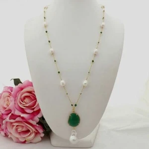 26'' White Rice Pearl Green Crystal Chain Necklace Keshi Pearl Pendant - Picture 1 of 4
